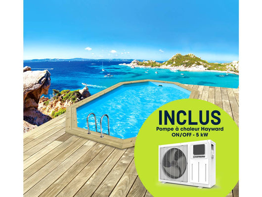 Piscina in legno Baléares  6,50x4,40x1,31 m + pompa di calore reversibile Simplicity by Hayward ON/OFF 5 kW Bianco