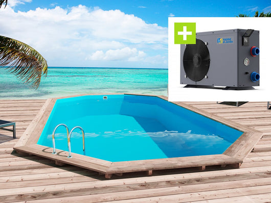 Piscina in legno "San Paolo" - 6,57 x 4,07 x 1,20 m + Pompa di calore reversibile "Simplicity by Hayward" ON/OFF - 5 kW - Bianco