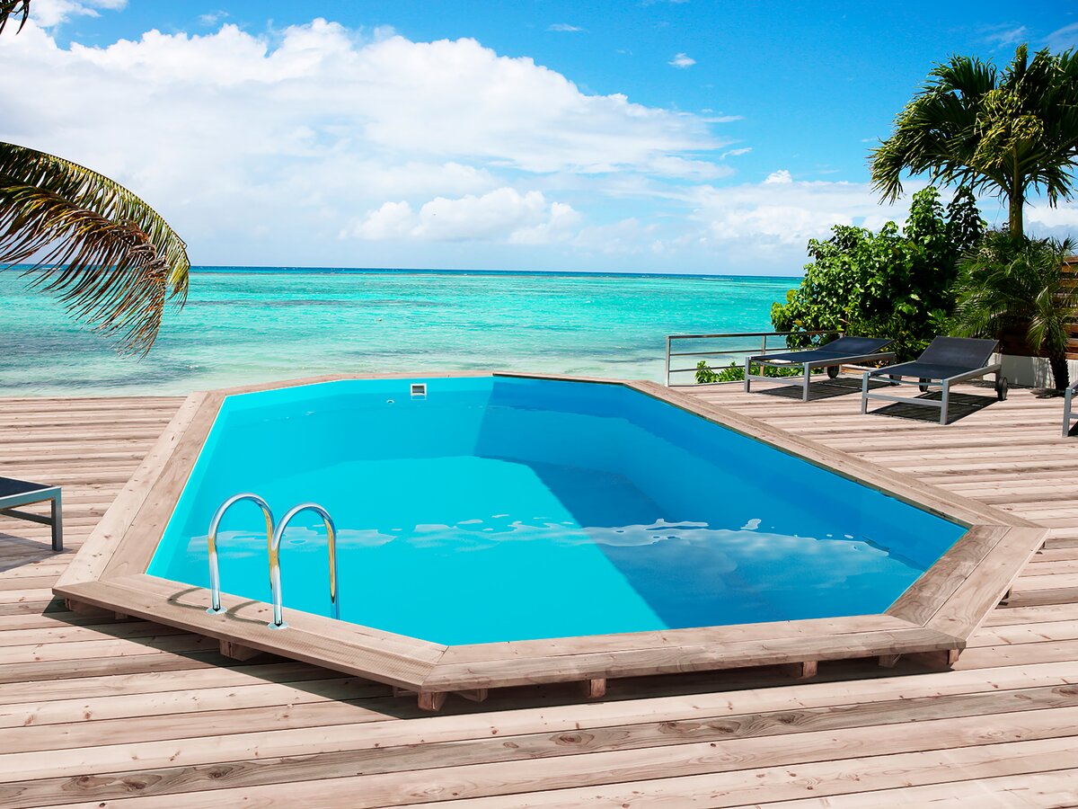 Piscina in legno "San Paolo" - 6,57 x 4,07 x 1,20 m + Pompa di calore reversibile "Simplicity by Hayward" ON/OFF - 5 kW - Bianco