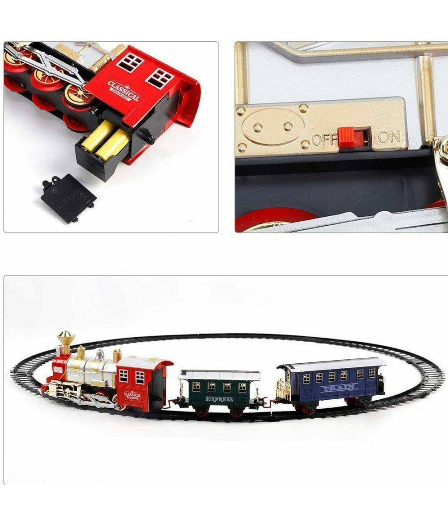 Pista Trenino Giocattolo Bambini Treno Locomotiva Con Fumo Luce Suoni E 2 Vagoni         