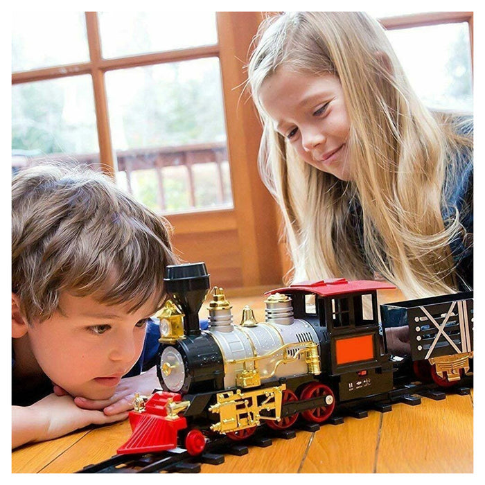 Trade Shop - Pista Trenino Giocattolo Bambini Treno Locomotiva Con Fumo Luce Suoni E 3 Vagoni -