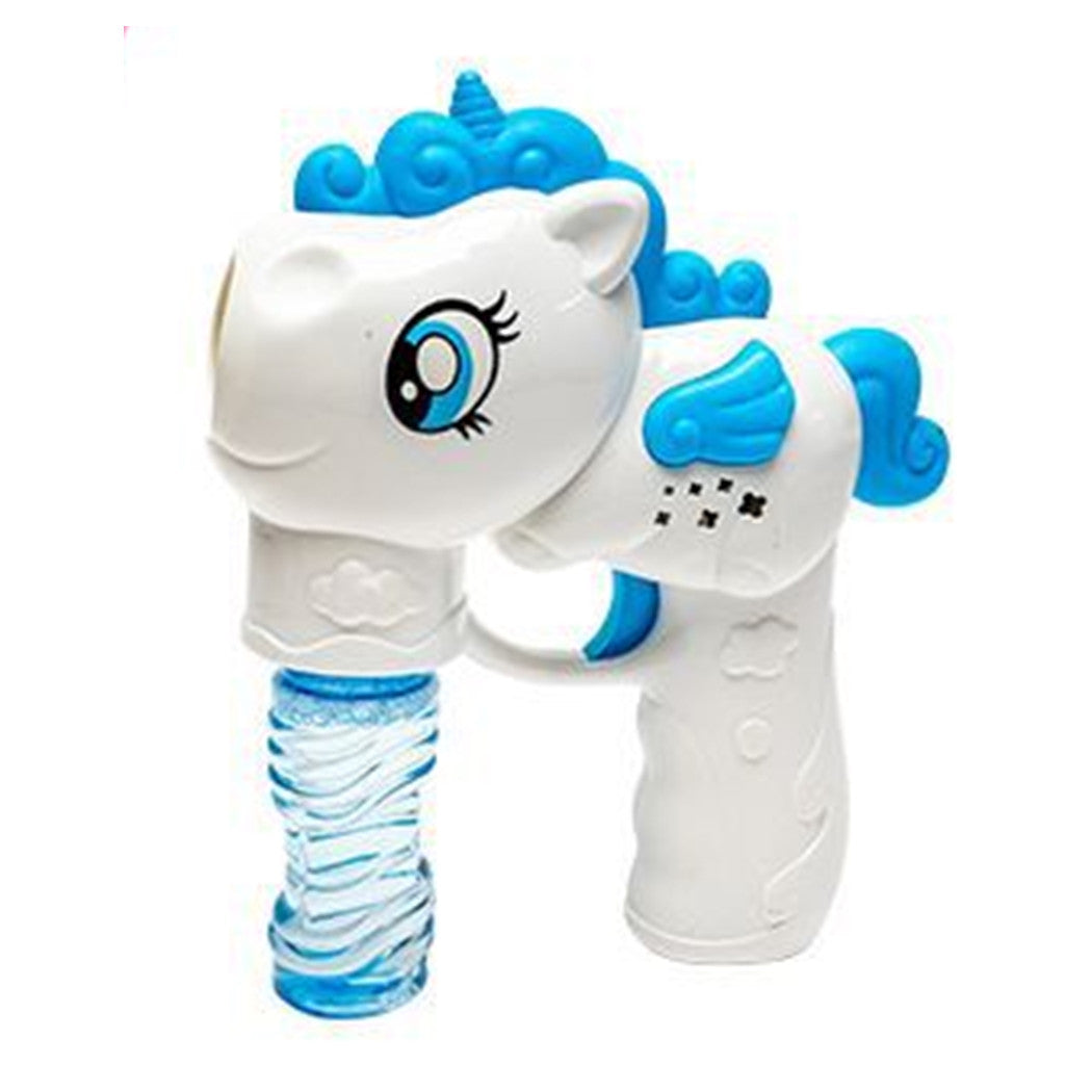 Trade Shop - Pistola Spara Bolle A Forma Di Pony Con 2 Flaconi Di Ricarica Da 50 Ml 3 Colori 6726065 -