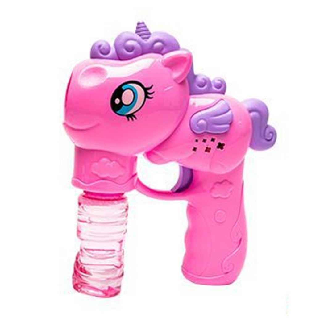 Trade Shop - Pistola Spara Bolle A Forma Di Pony Con 2 Flaconi Di Ricarica Da 50 Ml 3 Colori 6726065 -