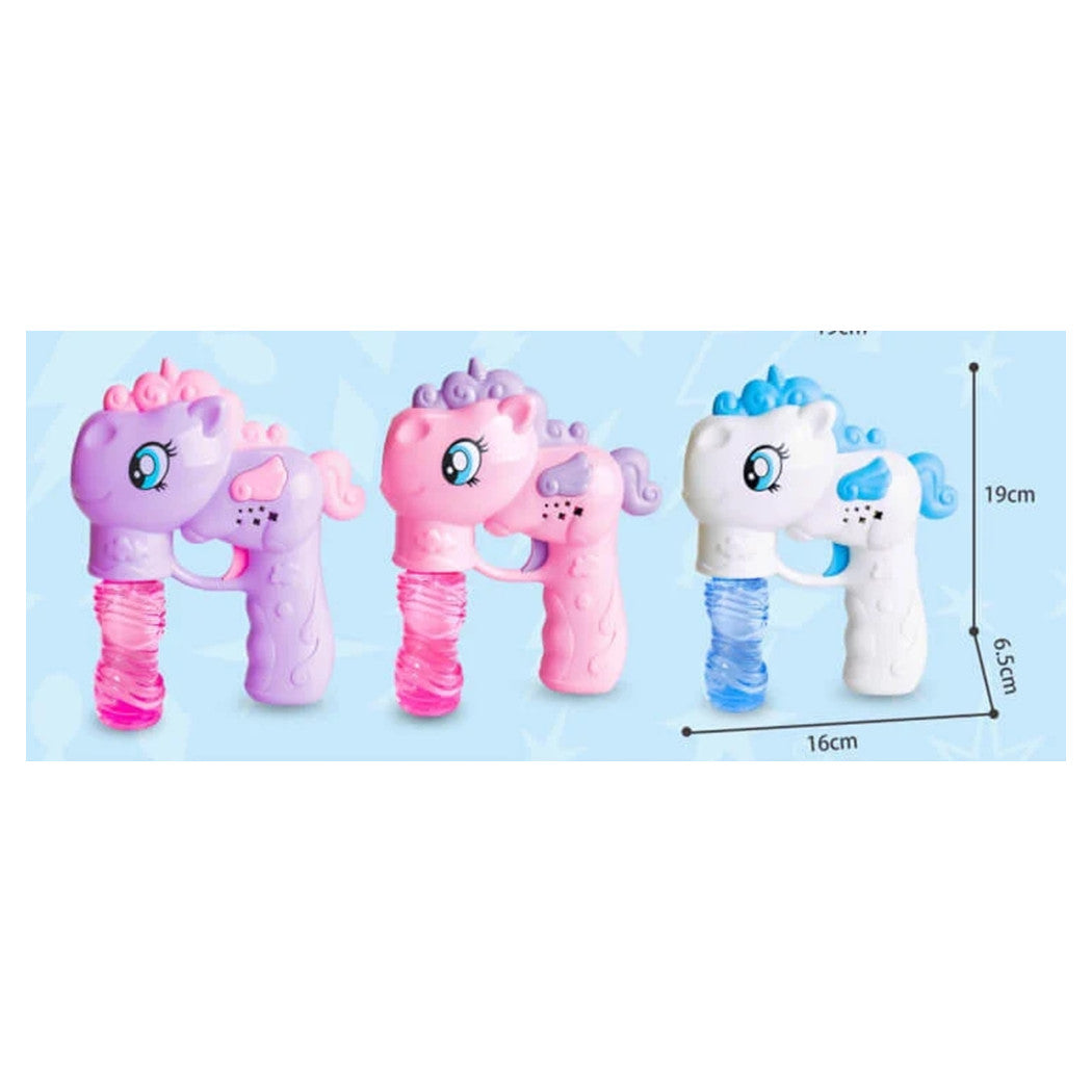Trade Shop - Pistola Spara Bolle A Forma Di Pony Con 2 Flaconi Di Ricarica Da 50 Ml 3 Colori 6726065 -