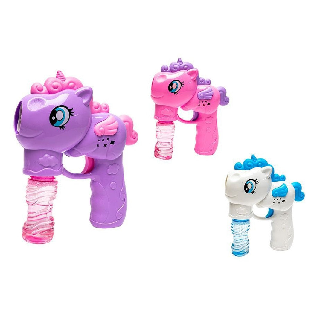 Trade Shop - Pistola Spara Bolle A Forma Di Pony Con 2 Flaconi Di Ricarica Da 50 Ml 3 Colori 6726065 -