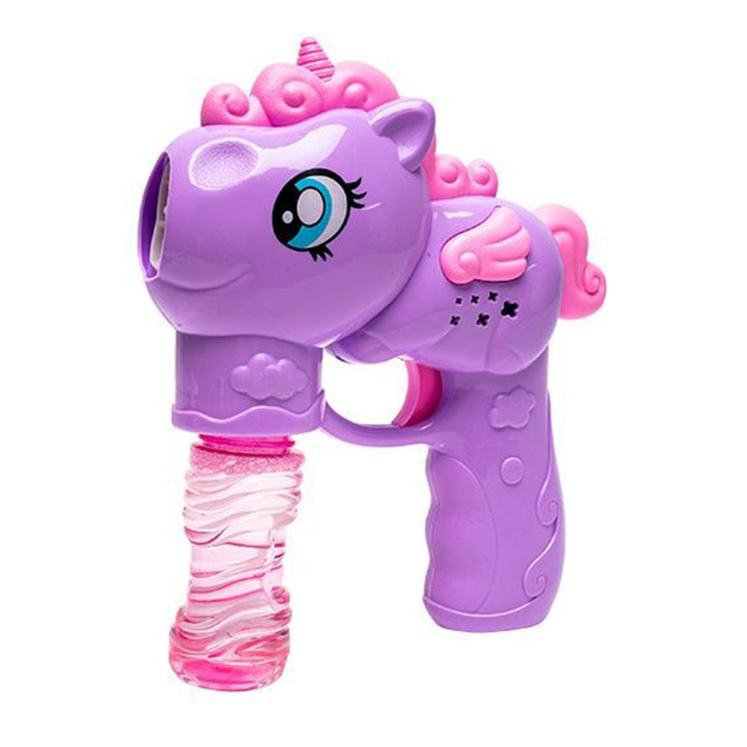 Trade Shop - Pistola Spara Bolle A Forma Di Pony Con 2 Flaconi Di Ricarica Da 50 Ml 3 Colori 6726065 -