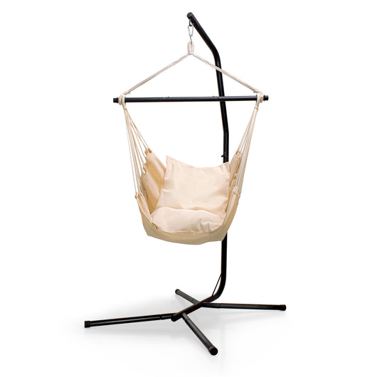 PIUMA - Sedia sospesa completa di stand in acciaio in ossidabile poltrona sospesa dondolo pensile amaca verticale completa di 2 cuscini - Portata max 120kg