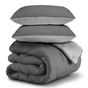 IDMarket - Piumino 220x240 cm biface grigio chiaro e grigio 300 gr ABBY + 2 cuscini