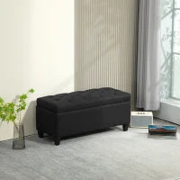 Panca con Spazio di Archiviazione, Panca Contenitore, Tessuto Effetto Lino, Struttura in Legno di Gomma, 100 x 40 x 44 cm, Nero
