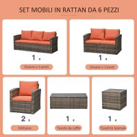 Set da Giardino 6 Pezzi in Rattan con Divani, Poltrone e Tavoli Contenitore, Marrone