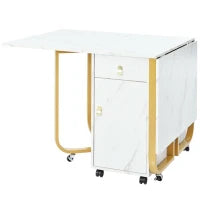 Tavolo da cucina versatile e pieghevole con ruote, con credenza e 2 cassetti, 150x80x76 cm, Bianco e Oro