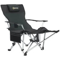 Sedia da Campeggio Pieghevole e Reclinabile con Poggiapiedi Rimovibile, Poggiatesta e Portabicchieri, Nero