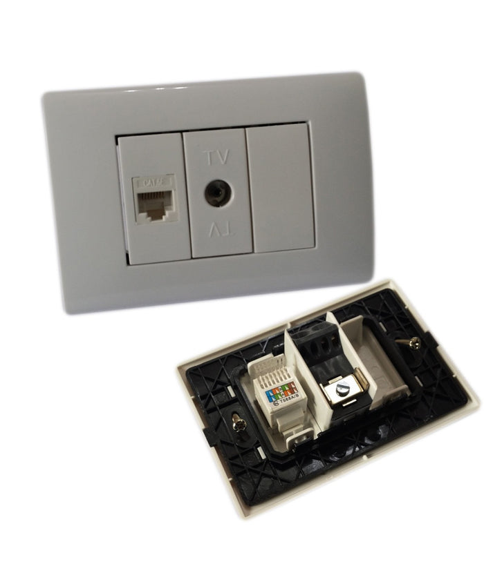Placca Placchetta 3 Posti Completa 1 Presa Tv 1 Presa Ethernet Rj45 Incasso 503         