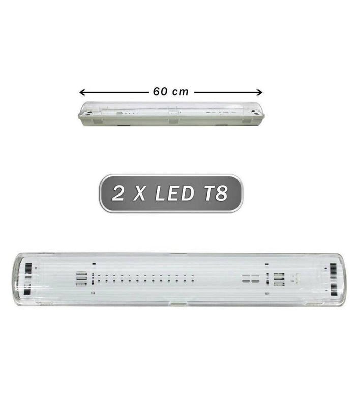 Plafoniera Stagna 2 Neon Led Tubo T8 G13 60 Cm Da Parete Soffitto Ip65 T8-60s         