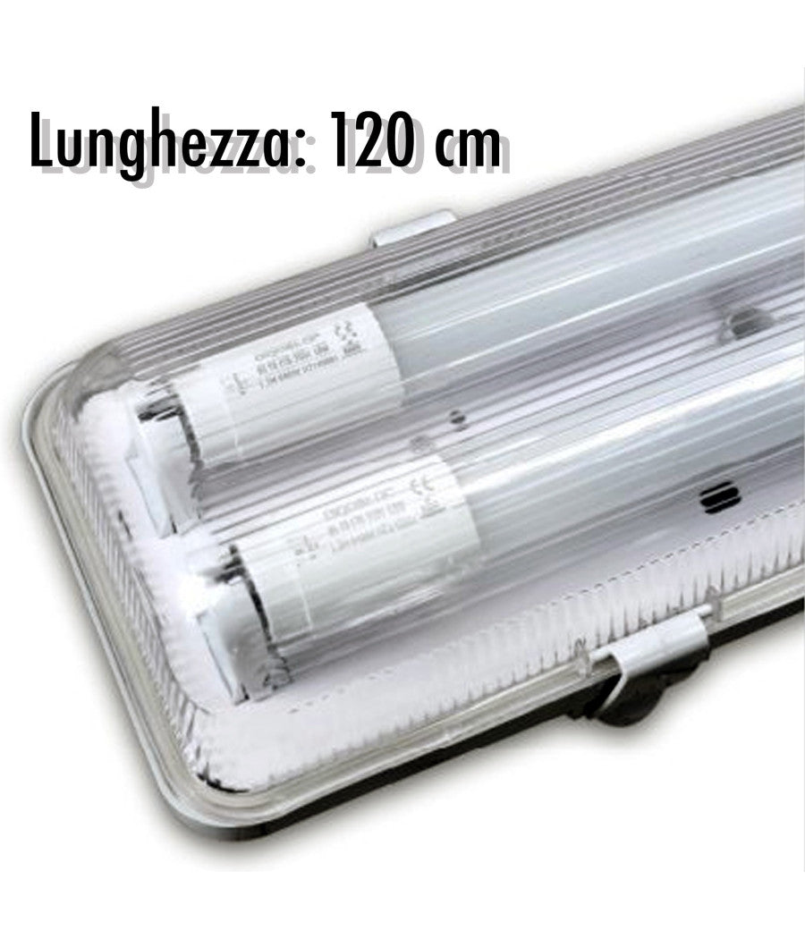 Plafoniera Stagna Completa Di 2 Tubo Neon A Led 120cm Per Soffitto Parete Ip65         