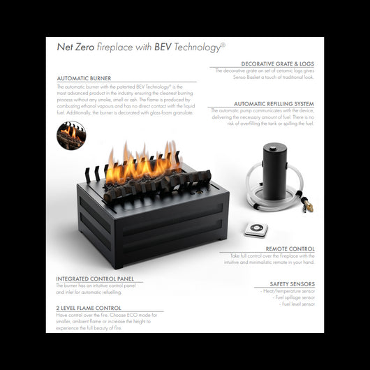 Planika - Bruciatore a Bioetanolo Senso Basket BEV Senza Canna Fumaria, Controllo Remoto, Fiamma Reale, Acciaio