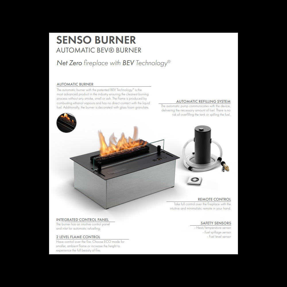 Planika - Bruciatore a Bioetanolo Senso Burner BEV Senza Canna Fumaria, Controllo Remoto, Fiamma Reale, Acciaio