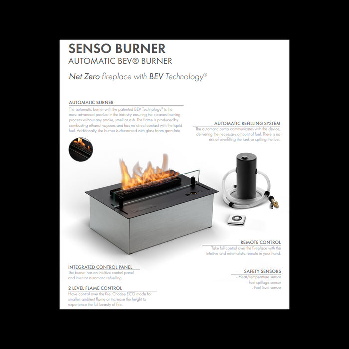 Planika - Bruciatore a Bioetanolo Senso Burner BEV Senza Canna Fumaria, Controllo Remoto, Fiamma Reale, Acciaio