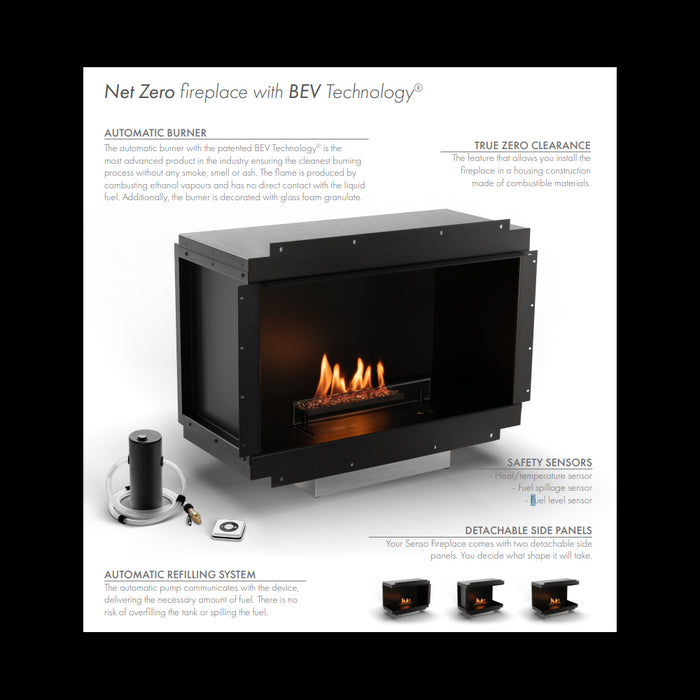 Planika - Camino a Bioetanolo Senso Fireplace BEV Senza Canna Fumaria, Controllo Remoto, Acciaio, Pannelli laterali smontabili