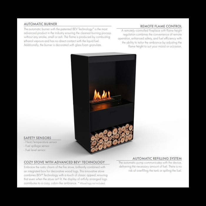 Planika - Camino a Bioetanolo Senso Stove BEV Senza Canna Fumaria, Controllo Remoto, Acciaio, Stufa a bioetanolo