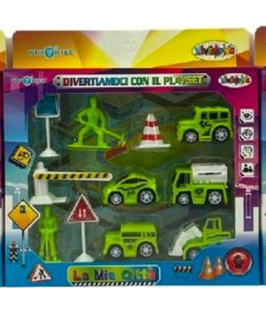 Playset Costruzioni La Mia Città  Verde Con Personaggi Veicoli Segnali 11 Pezzi         
