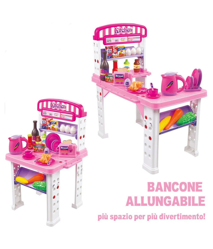 Playset Cucina Giocattolo Bambini Banco Estensibile Numerosi Accessori Gioco         