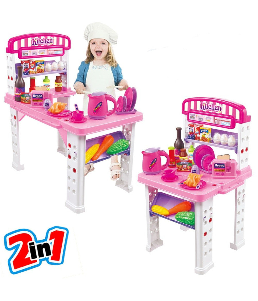Playset Cucina Giocattolo Bambini Banco Estensibile Numerosi Accessori Gioco         