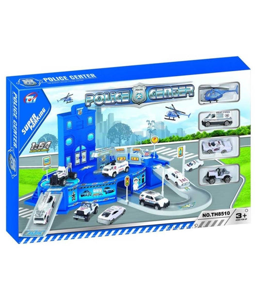 Playset Stazione Forze Dell'ordine Con Rampe Pitstop 3 Macchinine 1 Elicottero         