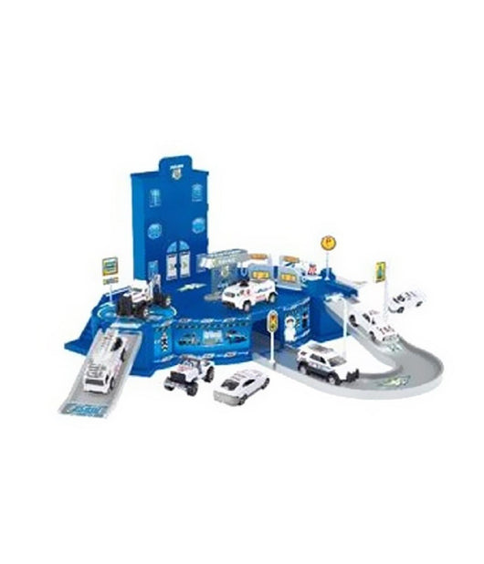 Playset Stazione Forze Dell'ordine Con Rampe Pitstop 3 Macchinine 1 Elicottero         