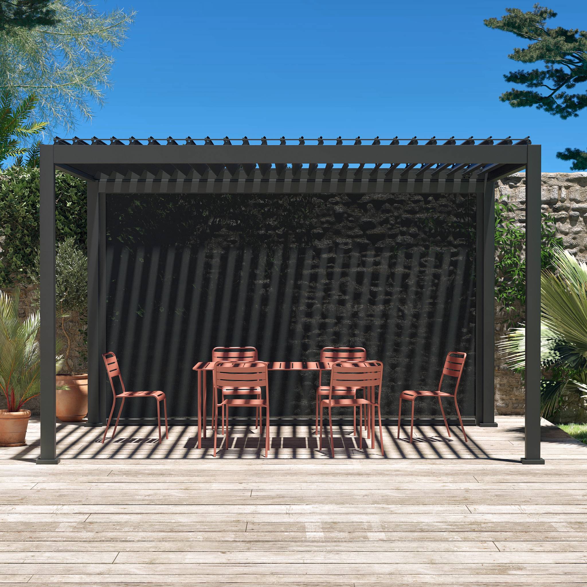 Pergola bioclimatica 3x4m + tenda da sole 4m, antracite