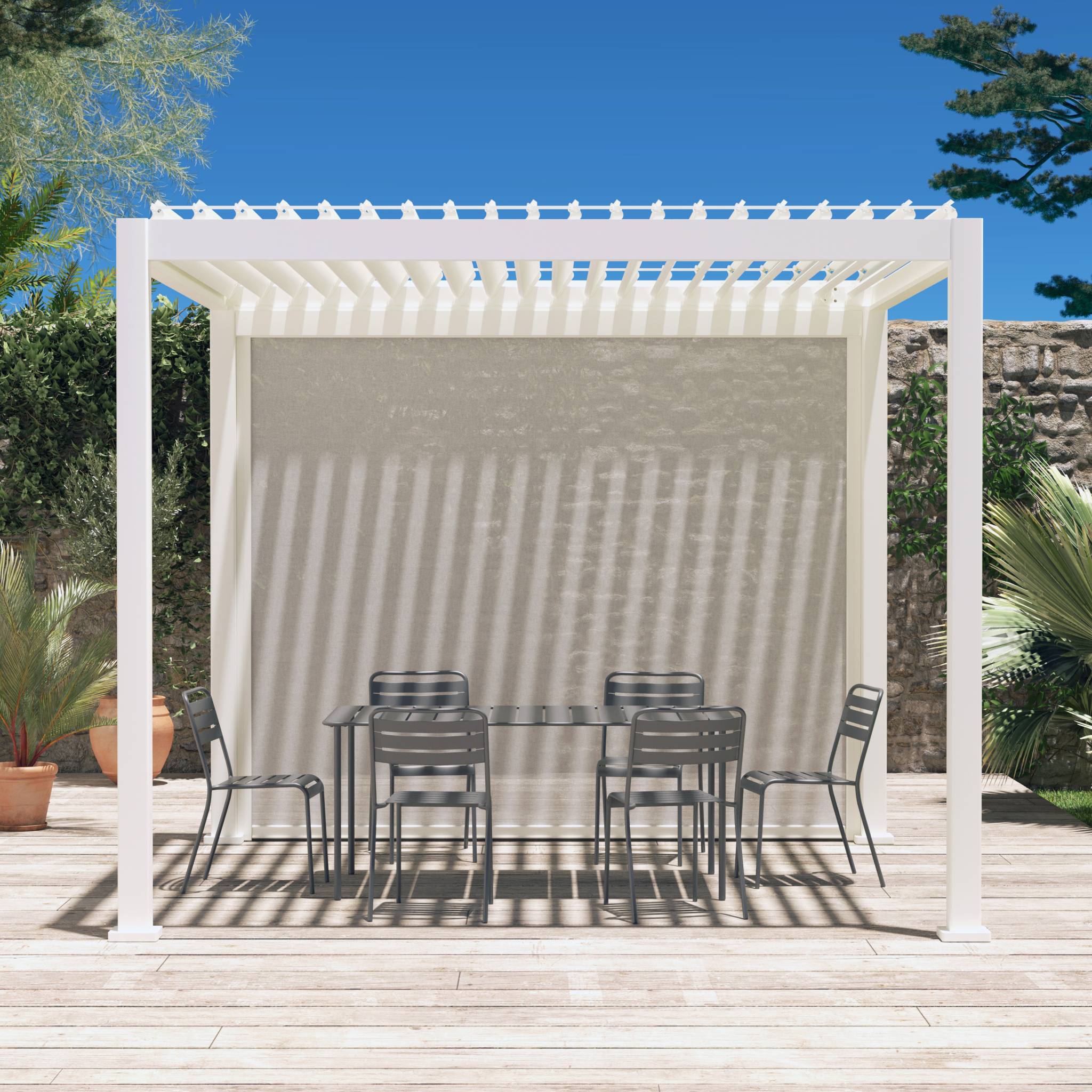 Pergola bioclimatica 3x3m in alluminio v2 + tenda 3x3m, bianco