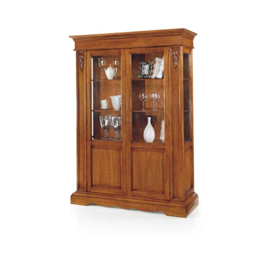 Vetrina 2 ante 4 ripiani arte povera in legno massello e mdf con rifinitura noce Bassano 155x48x210 H