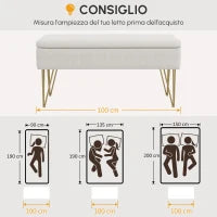 Panca Fondo Letto con Contenitore in Tessuto e Gambe in Acciaio, 100x40x49cm, Crema