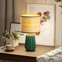 Lampada da Tavolo con Base in Ceramica e Paralume in Lino Stile Retrò 40W Verde e Legno Naturale