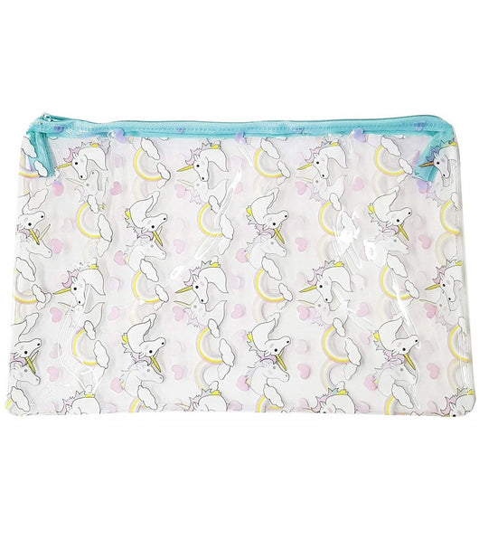 Pochette Trasparente Azzurro Fantasia Unicorno Trucco Beauty Case Borsa Donna         