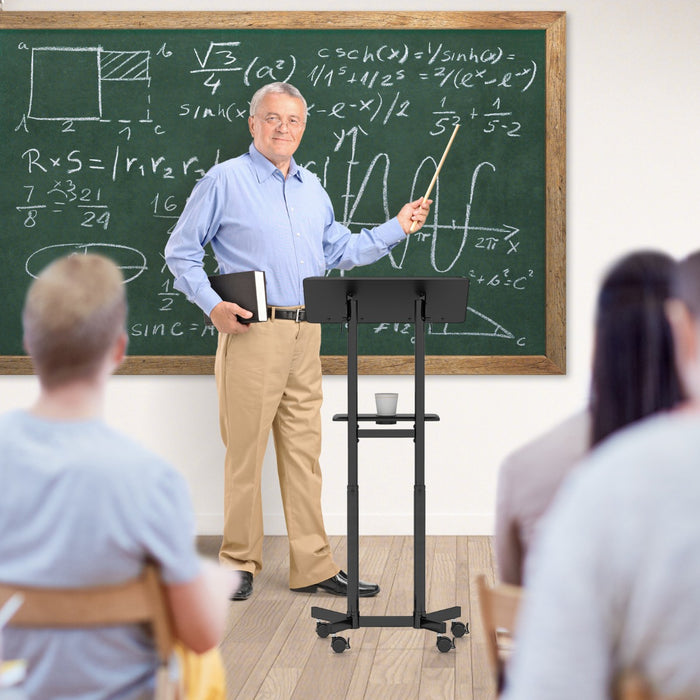 Podio mobile per conferenze con piano inclinabile e regolabile in altezza ruote bloccabili, Carrello per laptop Nero-Tavolini per laptop