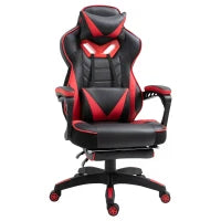 Sedia da Ufficio Ergonomica, Sedia da Gaming, Sedia Girevole con Poggiapiedi Retraibile e Schienale Regolabile in Schiuma, Pelle PU e Metallo, 65 x 70 x 118.5-128.5 cm, Nero e Rosso