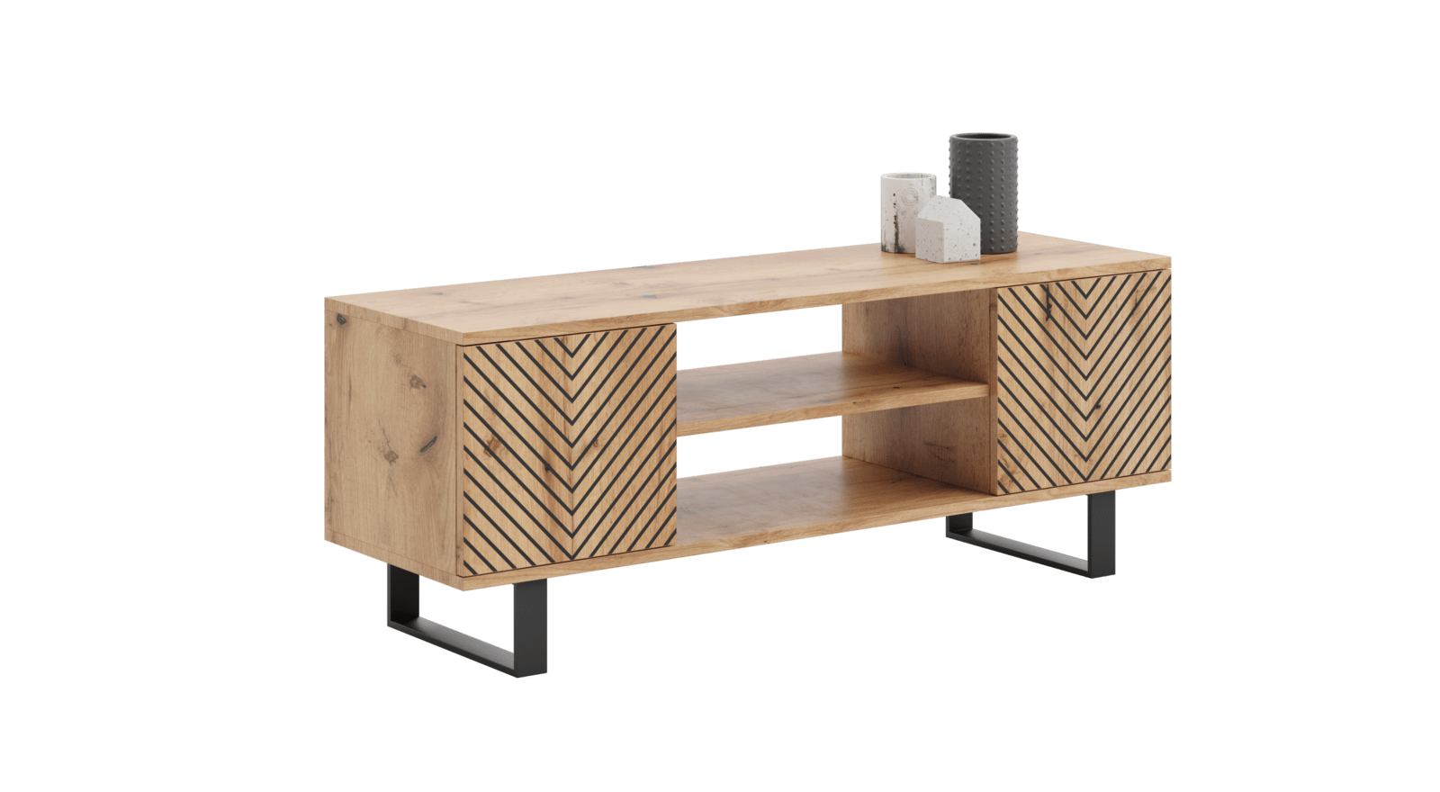 Mobile TV FOCUS 155 cm, soppalco, gambe in metallo, motivo a spina di pesce - Rovere Craft