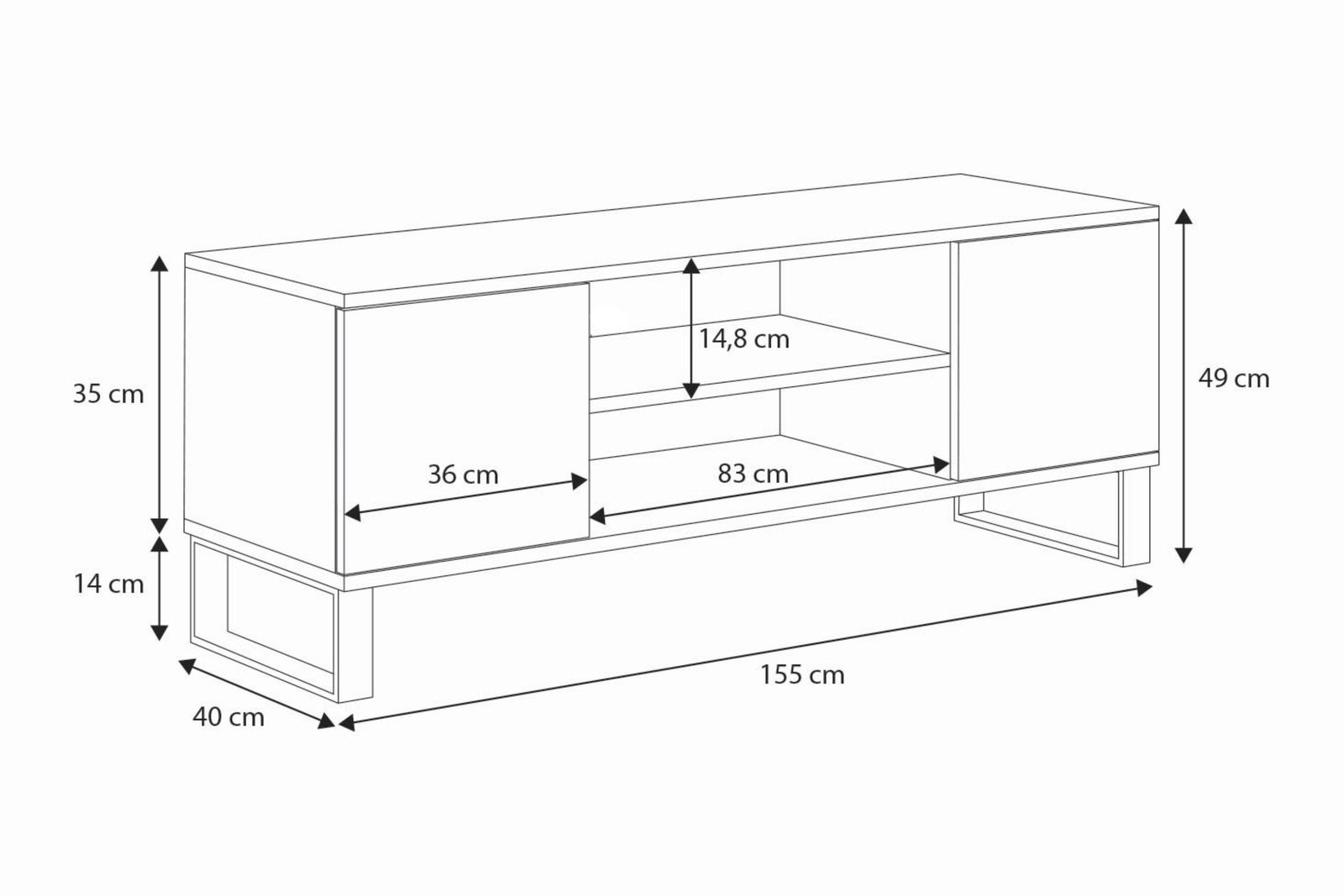 Mobile TV FOCUS 155 cm, soppalco, gambe in metallo, motivo a spina di pesce - Rovere Craft