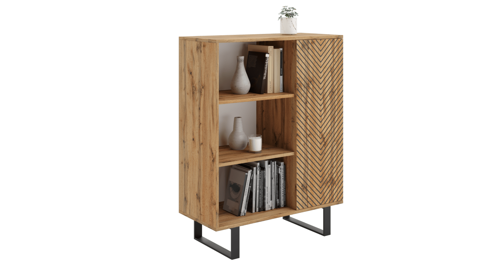 Libreria soppalcata Fondi - decoro spina di pesce, tinta rovere