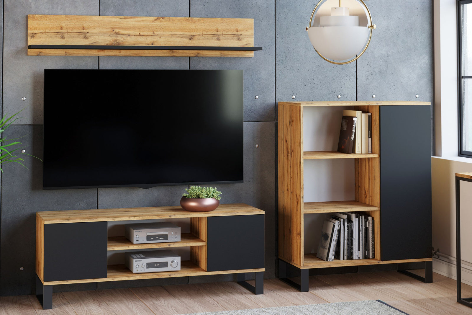 Mobile TV FOCUS 135 cm loft, gambe in metallo - Rovere Craft / Nero