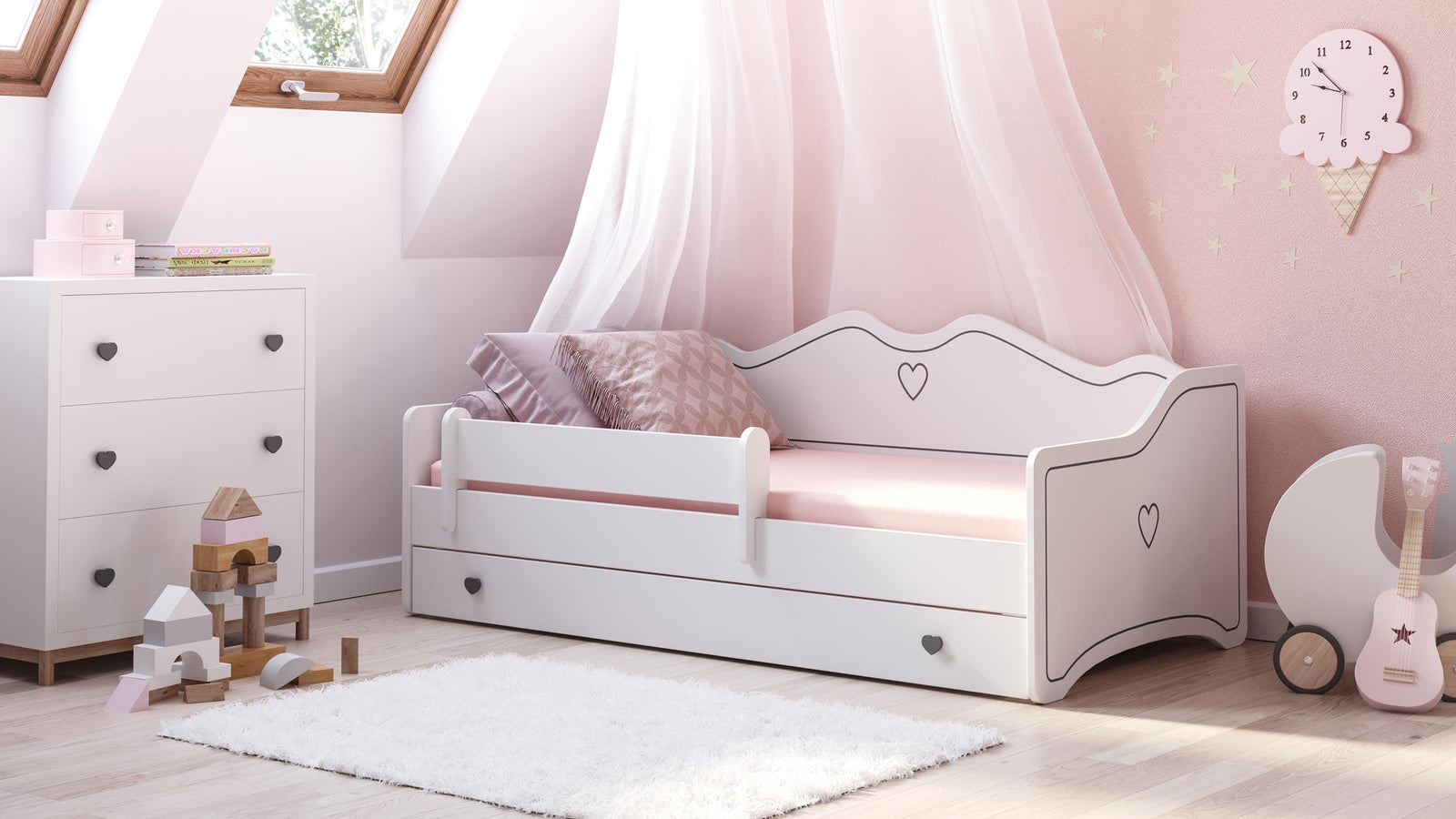 Letto per bambini EMMA 140x70 con materasso - Bianco/Grigio