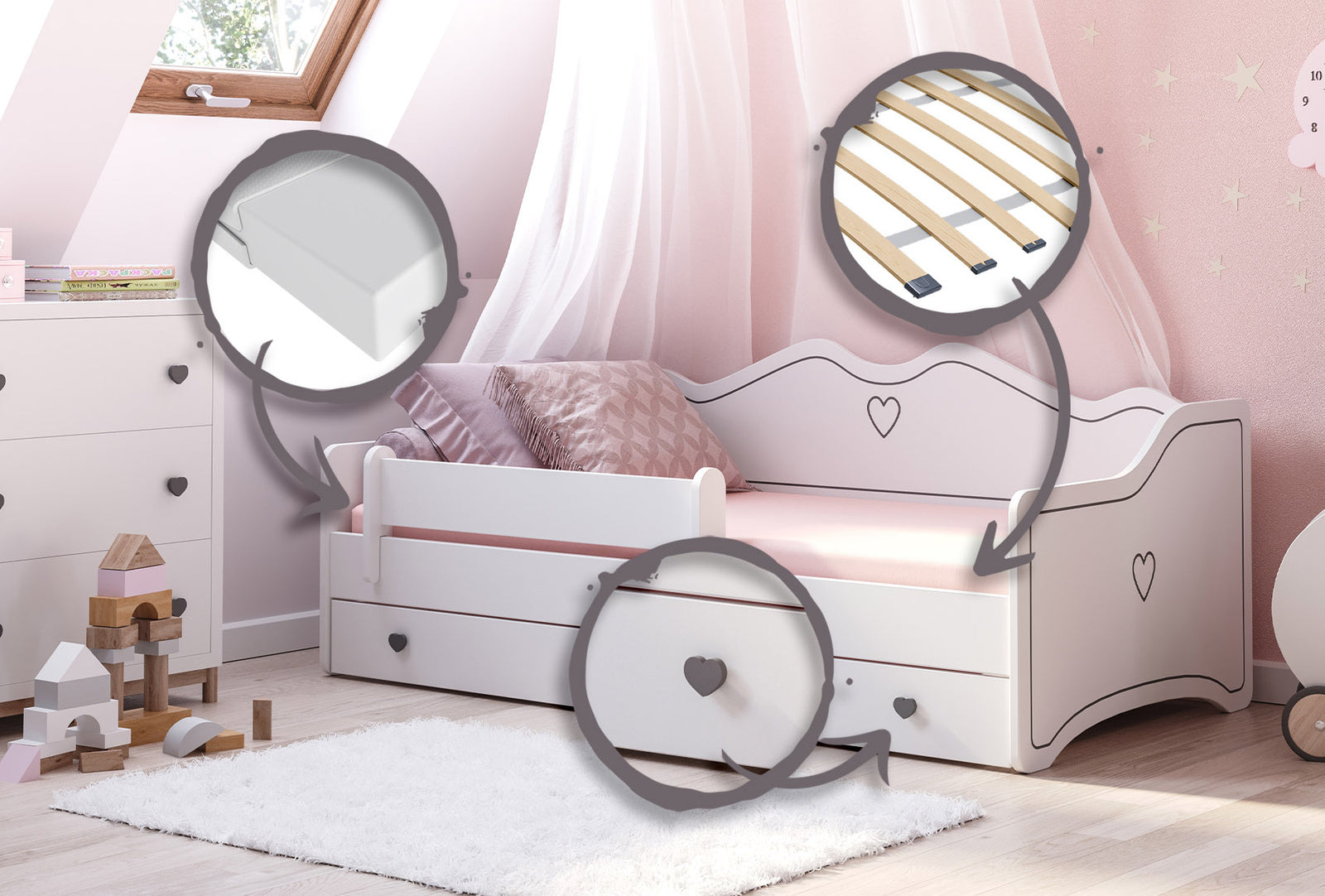 Letto per bambini EMMA 140x70 con materasso - Bianco/Grigio