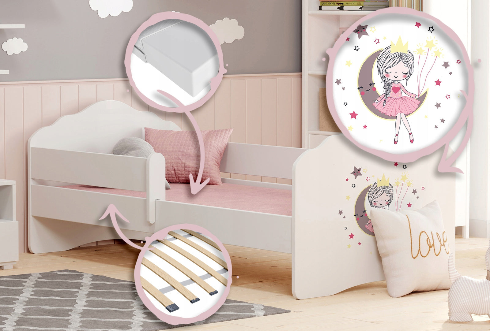 Letto singolo FALA 140x70 con sponde e materasso - Principessa addormentata