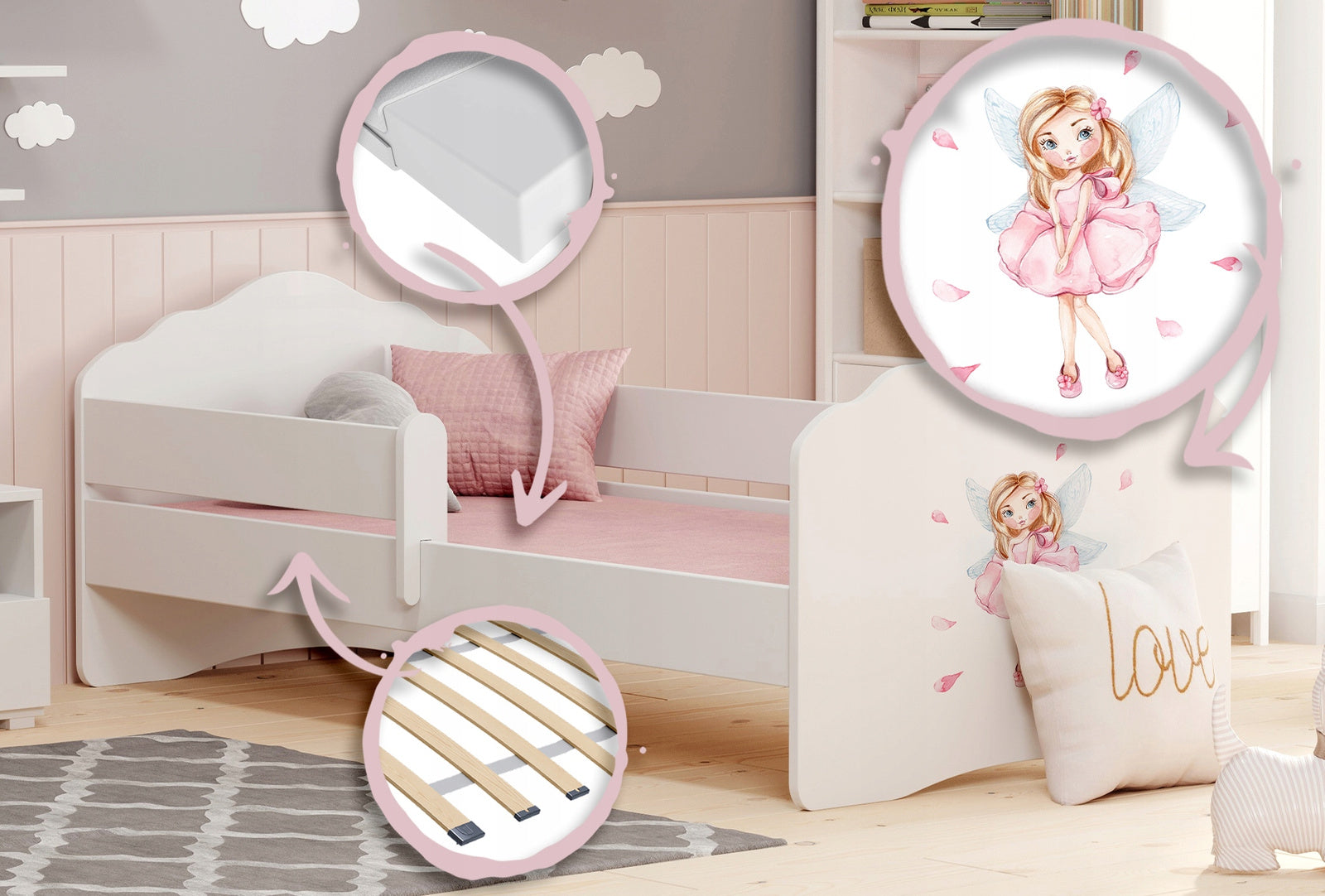 Letto singolo FALA 140x70 con sponde e materasso - Bambina con le ali