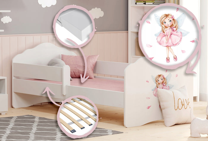 Letto singolo FALA 140x70 con sponde e materasso - Bambina con le ali