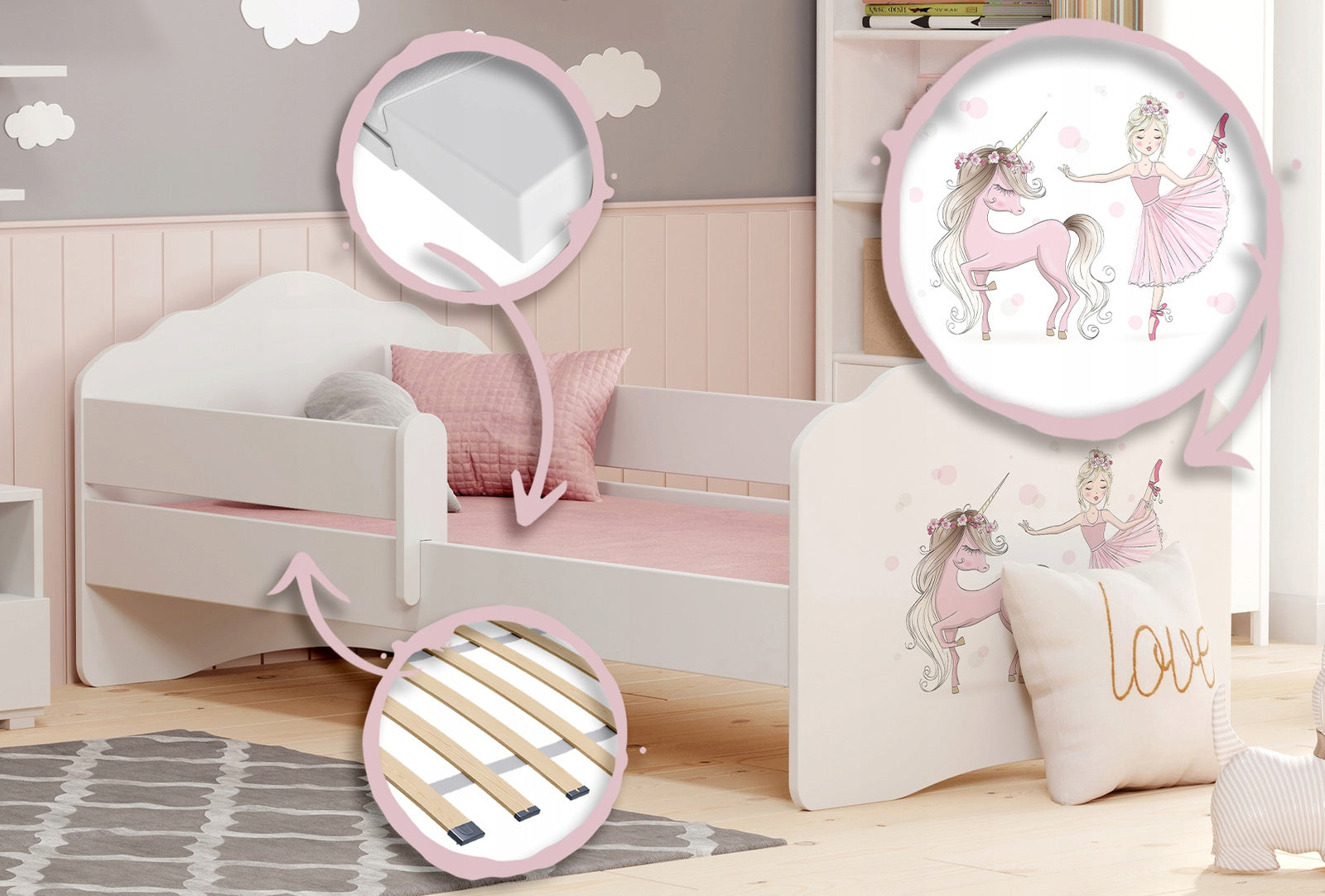 Letto singolo FALA 140x70 con sponde e materasso - Bambina con unicorno