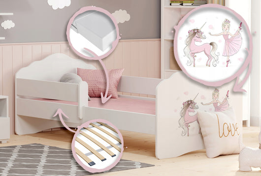Letto singolo FALA 160x80 con sponde e materasso - Bambina con unicorno