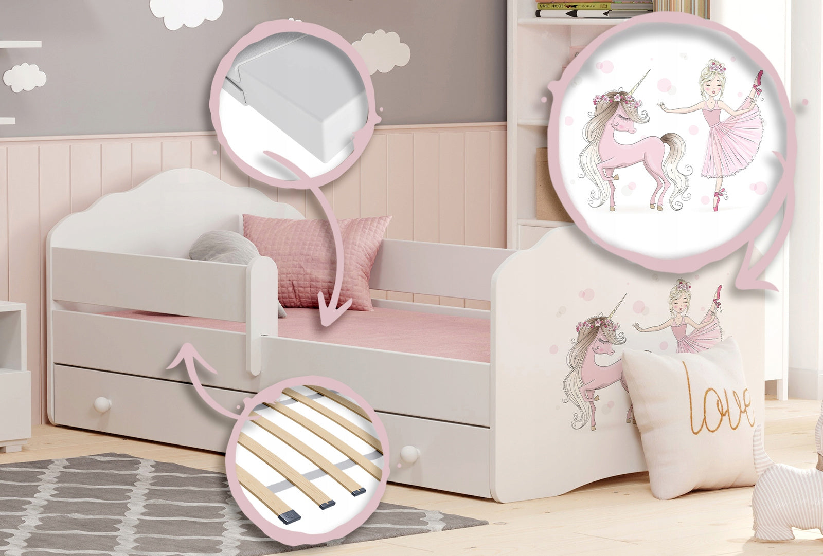 Letto singolo FALA 160x80 con sponde e cassetto, con materasso - Bambina con unicorno