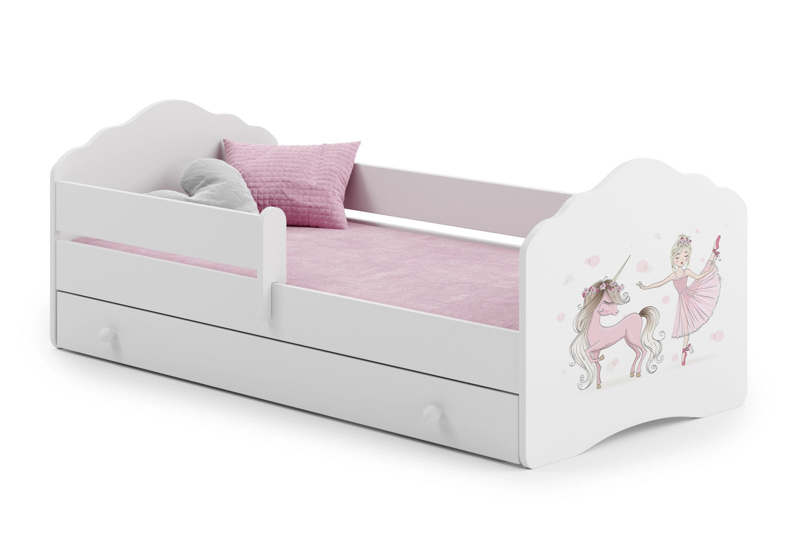 Letto singolo FALA 140x70 con sponde e cassetto, con materasso - Bambina con unicorno